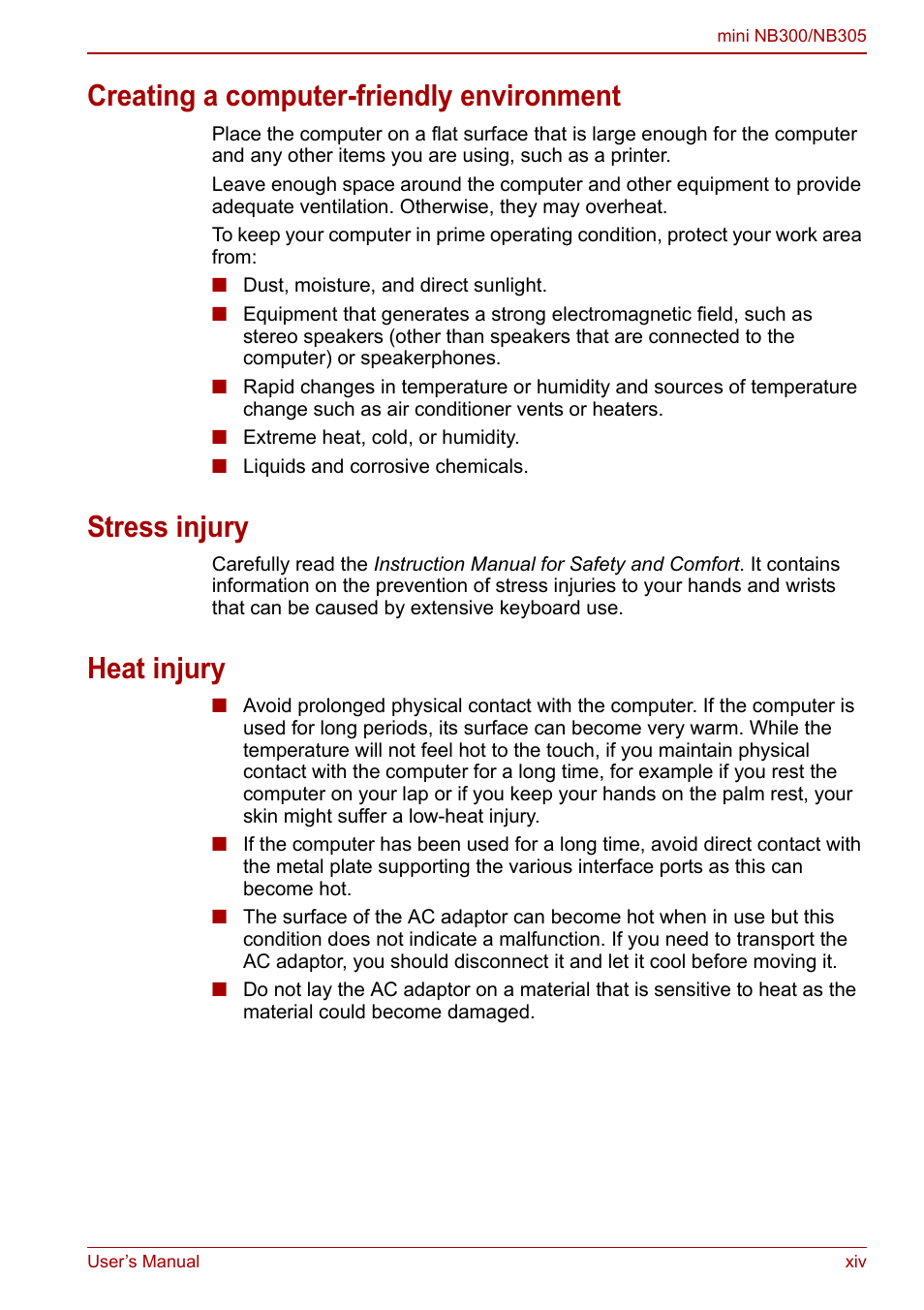 Creating a computer-friendly environment, Stress injury, Heat injury | Toshiba NB305 User Manual | Page 14 / 143