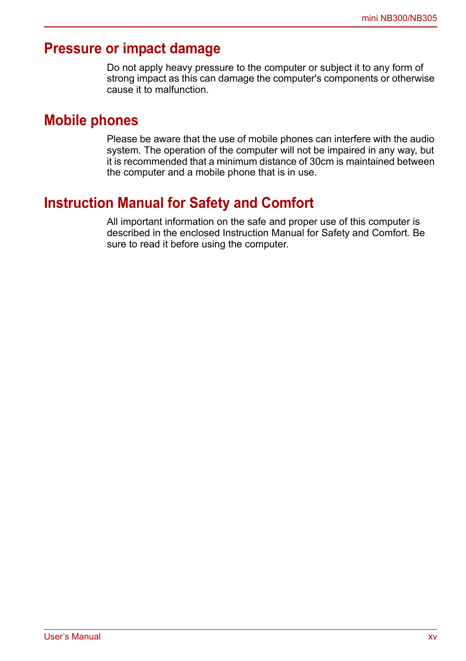 Pressure or impact damage, Mobile phones, Instruction manual for safety and comfort | Toshiba NB305 User Manual | Page 15 / 143