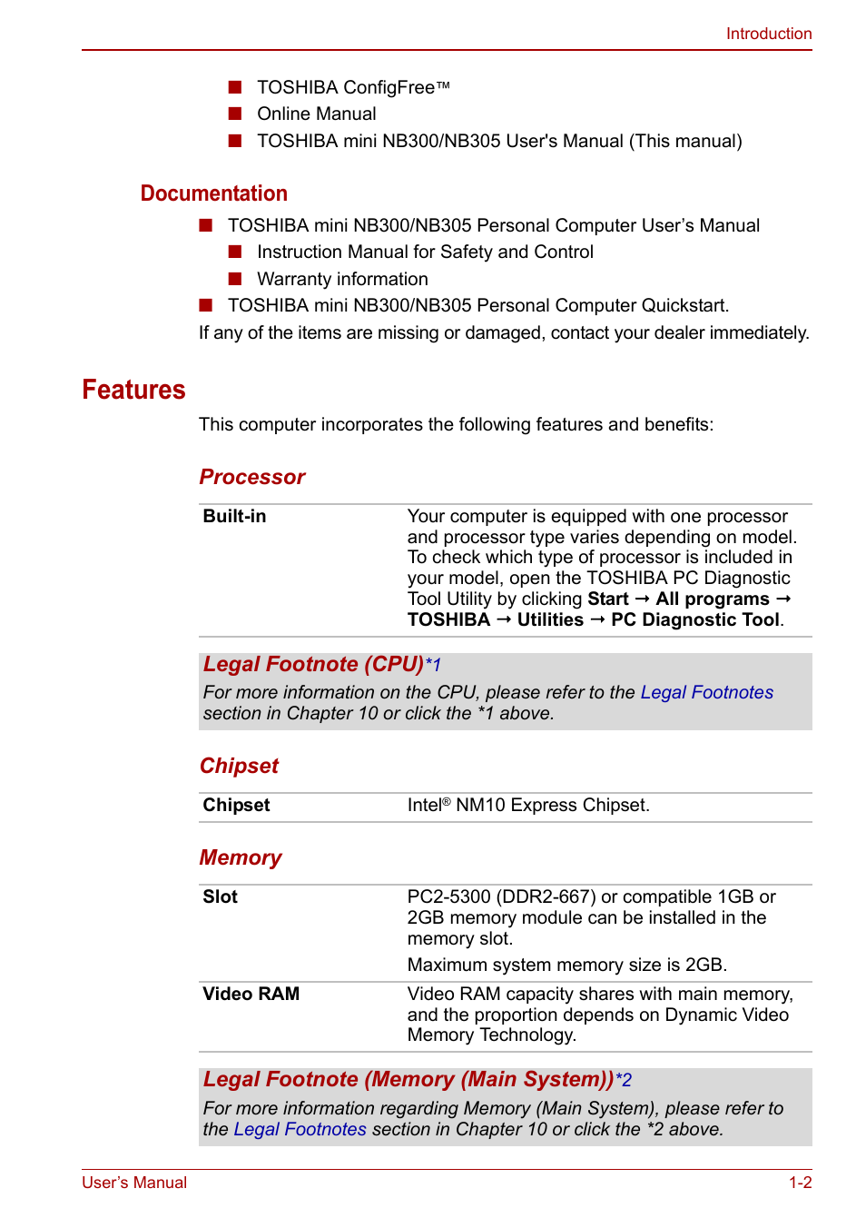 Features, Features -2, Documentation | Toshiba NB305 User Manual | Page 17 / 143