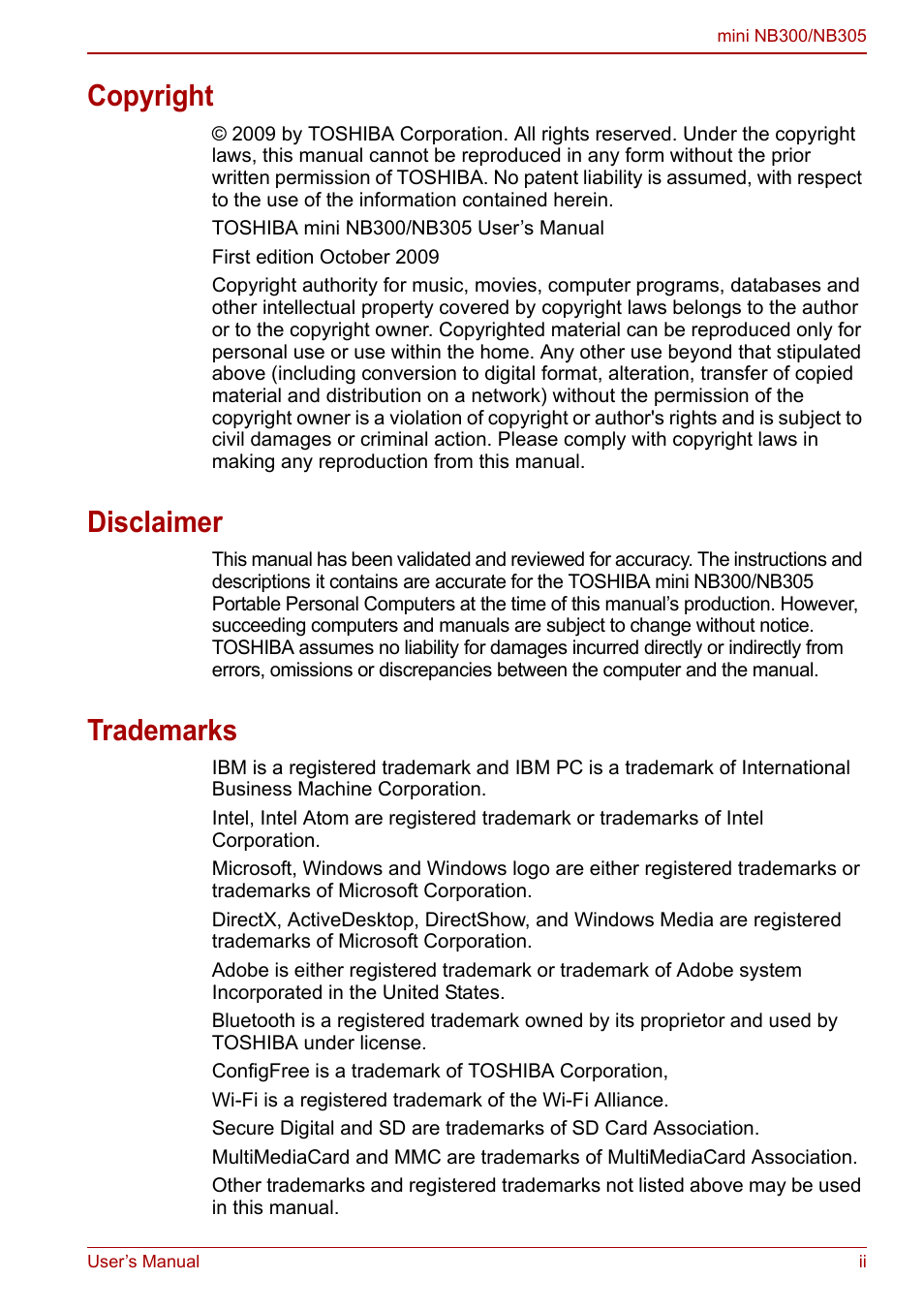 Copyright, Disclaimer, Trademarks | Toshiba NB305 User Manual | Page 2 / 143
