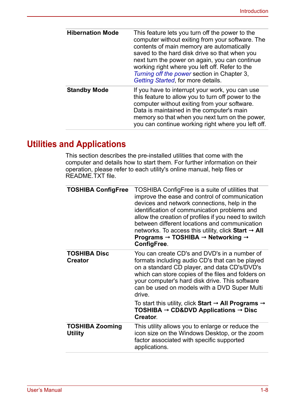 Utilities and applications, Utilities and applications -8 | Toshiba NB305 User Manual | Page 23 / 143
