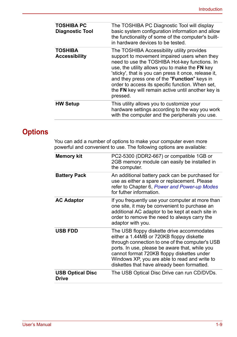 Options, Options -9 | Toshiba NB305 User Manual | Page 24 / 143