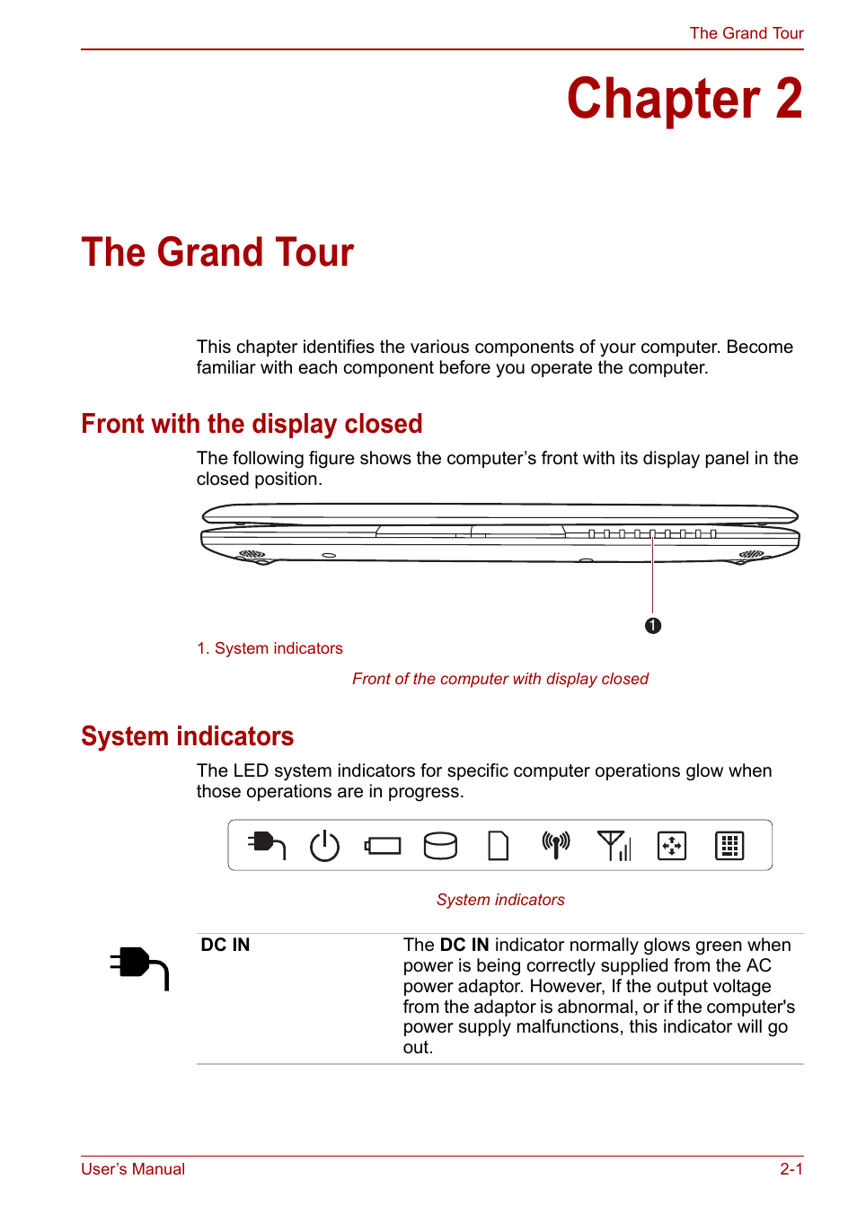 Chapter 2: the grand tour, Front with the display closed, System indicators | Chapter 2, The grand tour, Ter 2, The grand, Tour | Toshiba NB305 User Manual | Page 25 / 143