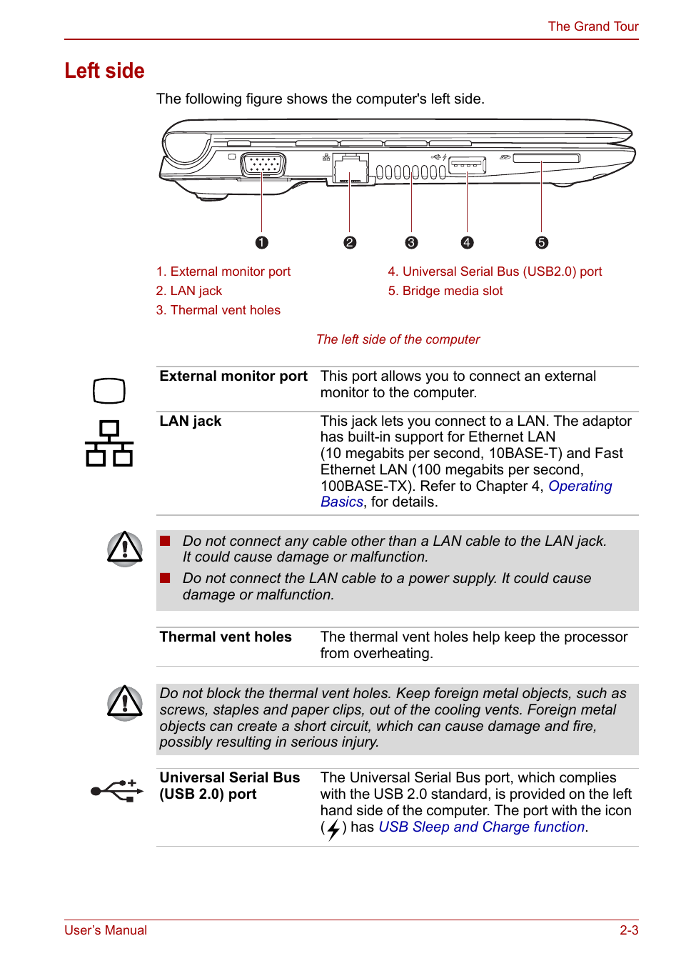 Left side, Left side -3 | Toshiba NB305 User Manual | Page 27 / 143