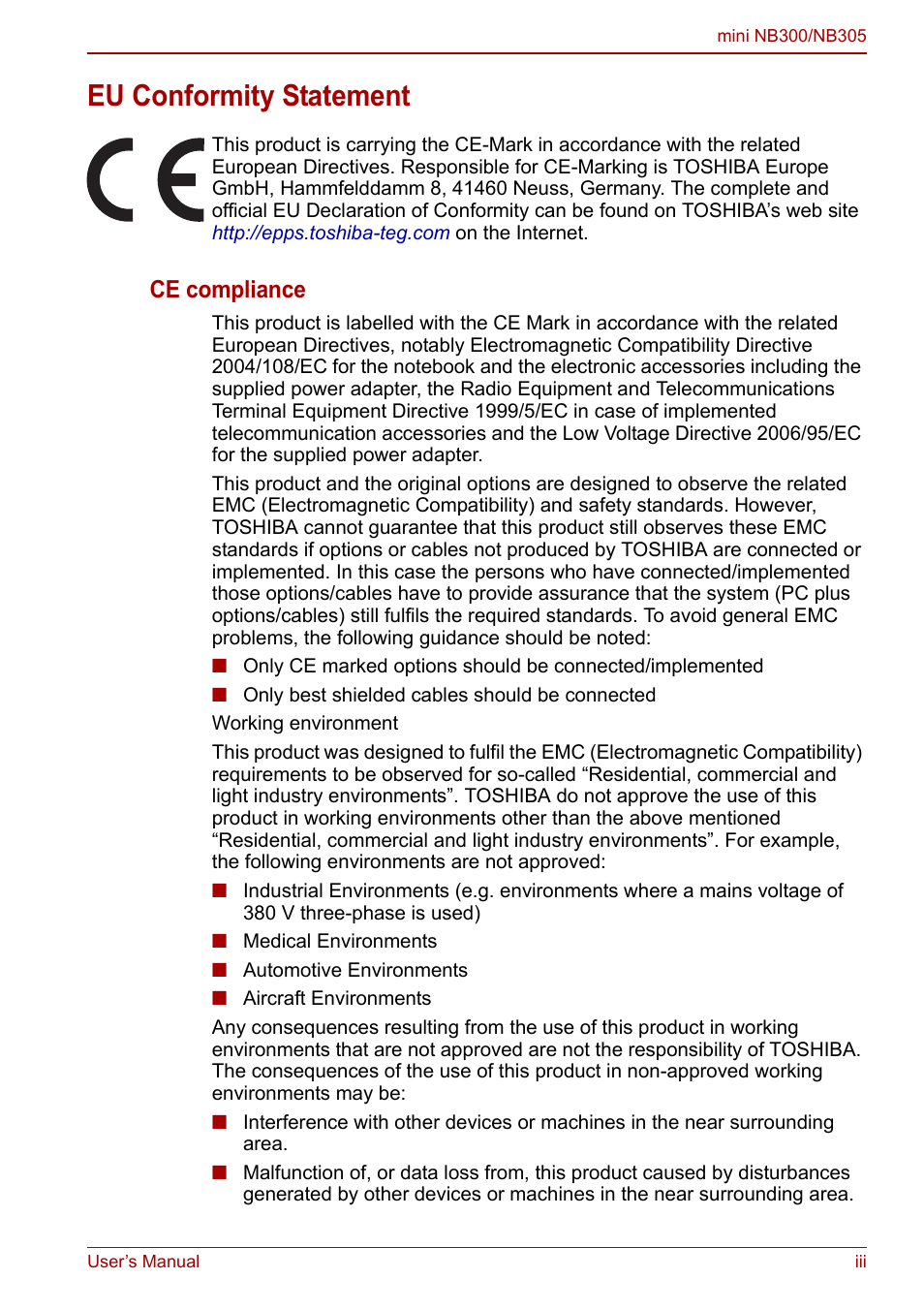 Eu conformity statement, Ce compliance | Toshiba NB305 User Manual | Page 3 / 143