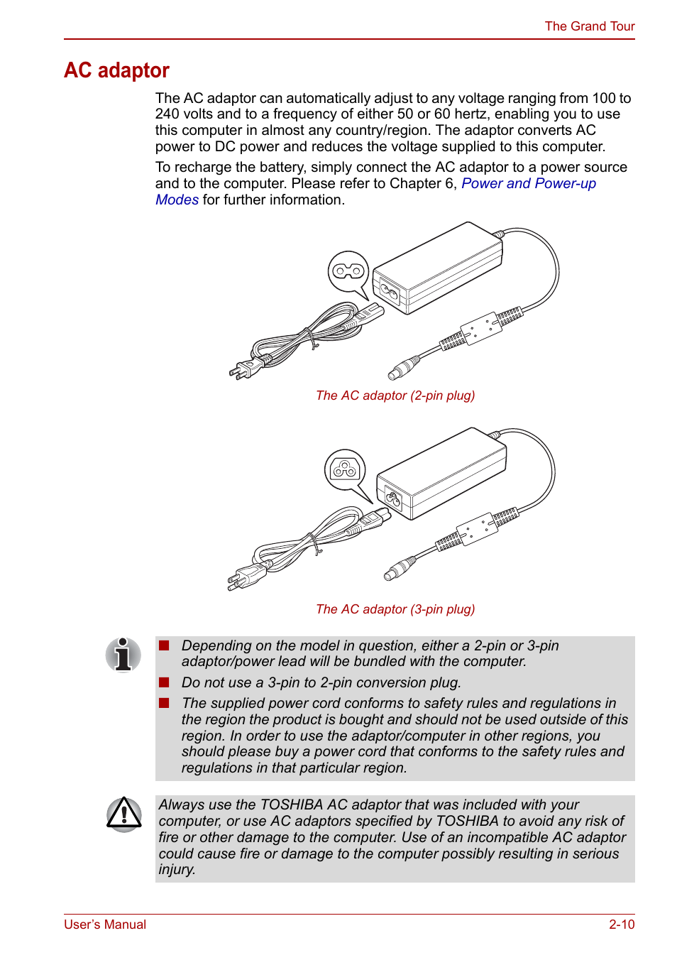 Ac adaptor, Ac adaptor -10 | Toshiba NB305 User Manual | Page 34 / 143