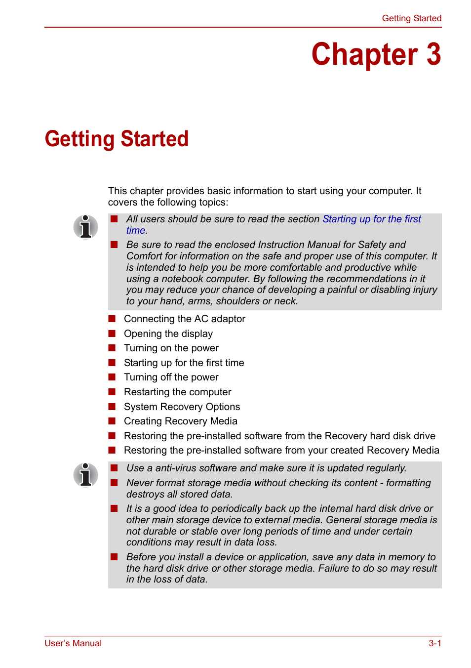 Chapter 3: getting started, Chapter 3, Getting started | Toshiba NB305 User Manual | Page 35 / 143