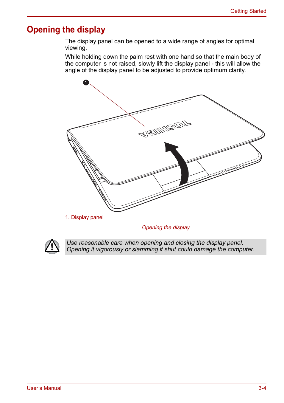 Opening the display, Opening the display -4 | Toshiba NB305 User Manual | Page 38 / 143