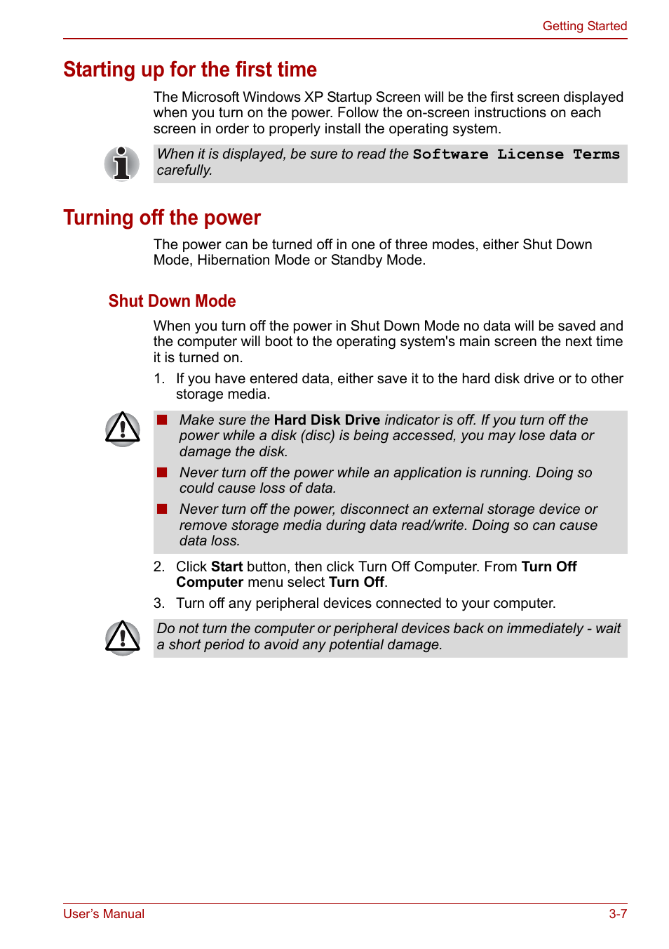 Starting up for the first time, Turning off the power, To the section | Starting, Up for the first time | Toshiba NB305 User Manual | Page 41 / 143