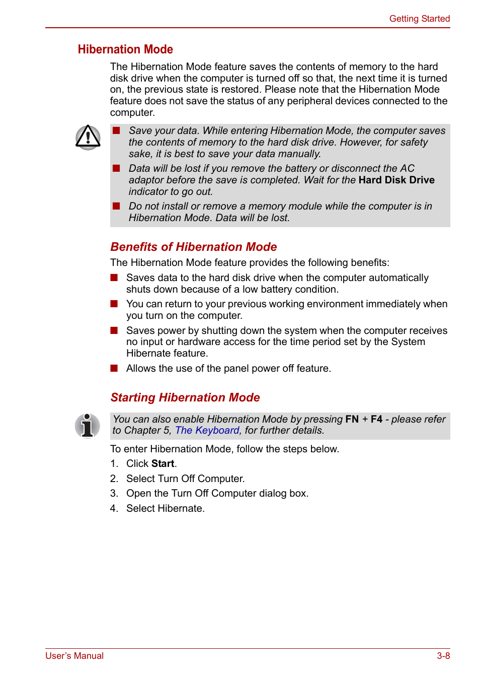 Hibernation mode | Toshiba NB305 User Manual | Page 42 / 143