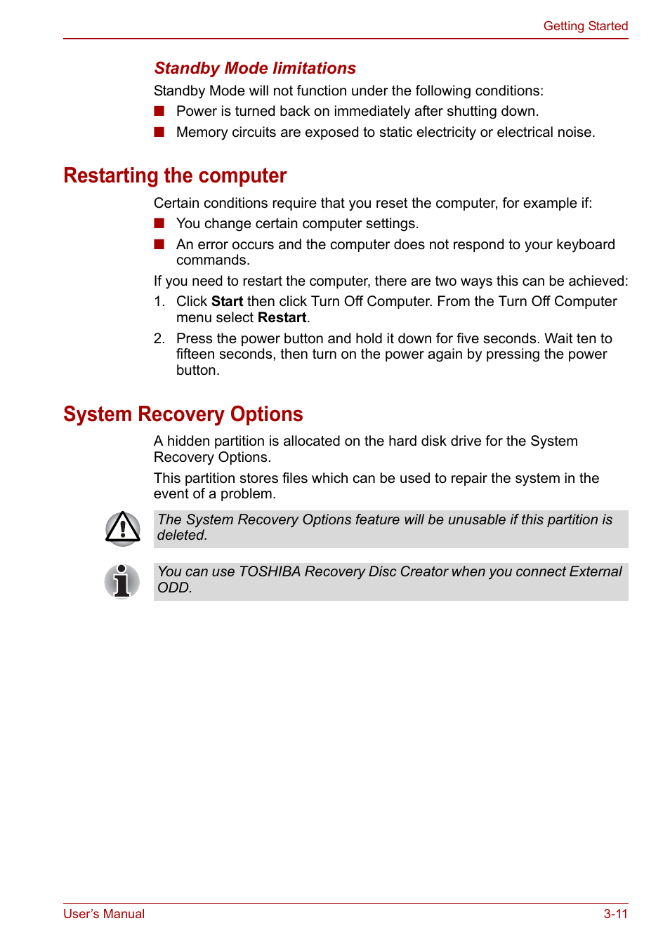 Restarting the computer, System recovery options | Toshiba NB305 User Manual | Page 45 / 143