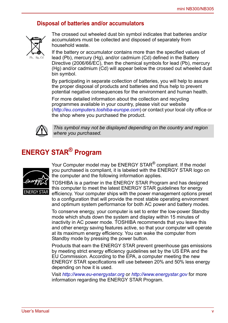 Energy star, Program, Disposal of batteries and/or accumulators | Toshiba NB305 User Manual | Page 5 / 143