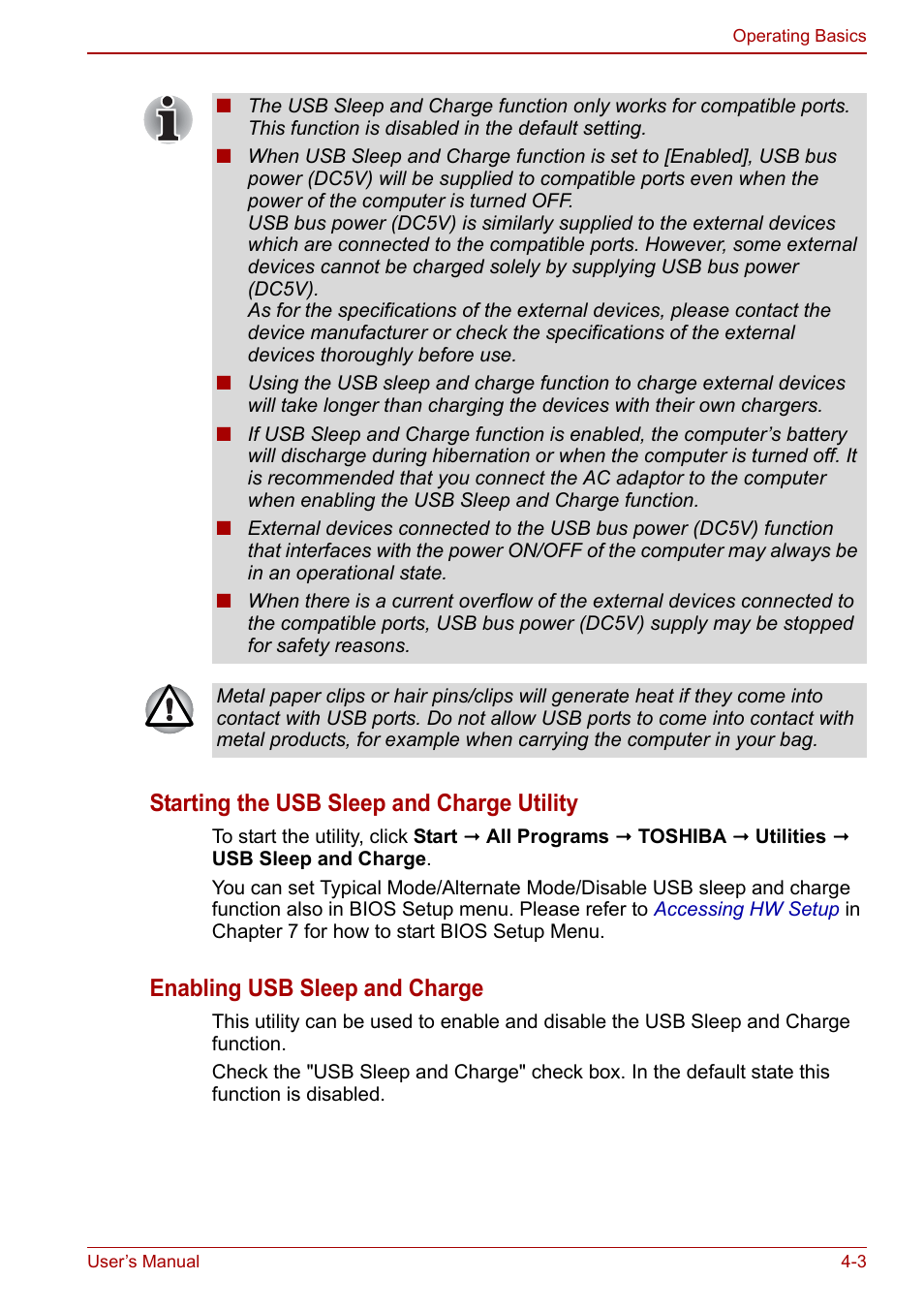 Starting the usb sleep and charge utility, Enabling usb sleep and charge | Toshiba NB305 User Manual | Page 51 / 143