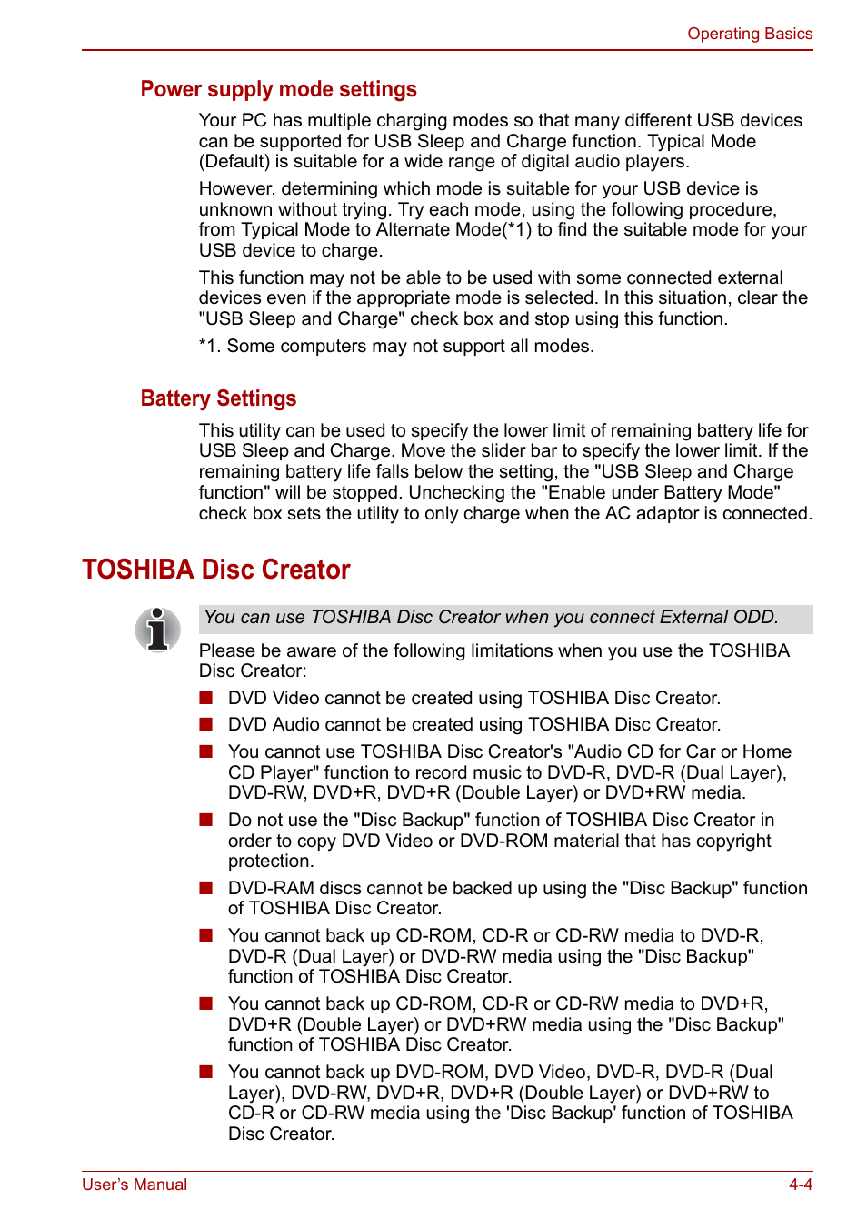 Toshiba disc creator, Toshiba disc creator -4, Power supply mode settings | Battery settings | Toshiba NB305 User Manual | Page 52 / 143
