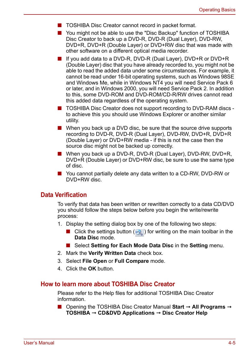 Data verification, How to learn more about toshiba disc creator | Toshiba NB305 User Manual | Page 53 / 143