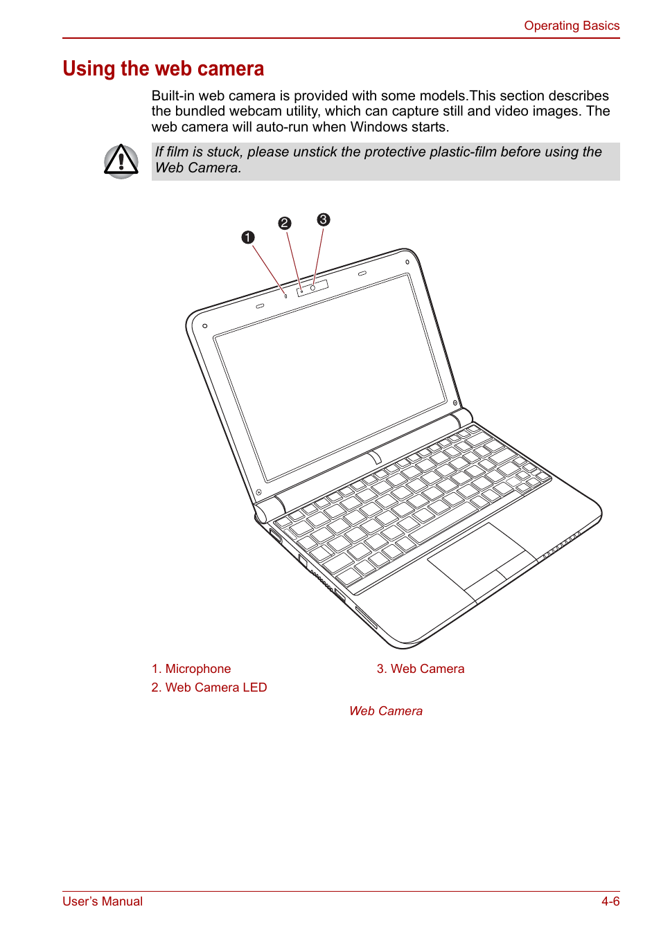 Using the web camera, Using the web camera -6 | Toshiba NB305 User Manual | Page 54 / 143