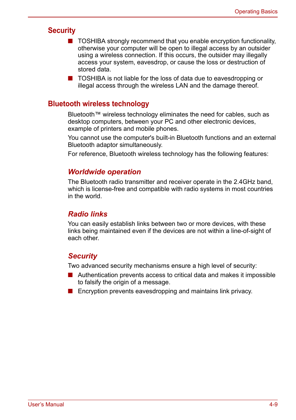 Security, Bluetooth wireless technology | Toshiba NB305 User Manual | Page 57 / 143