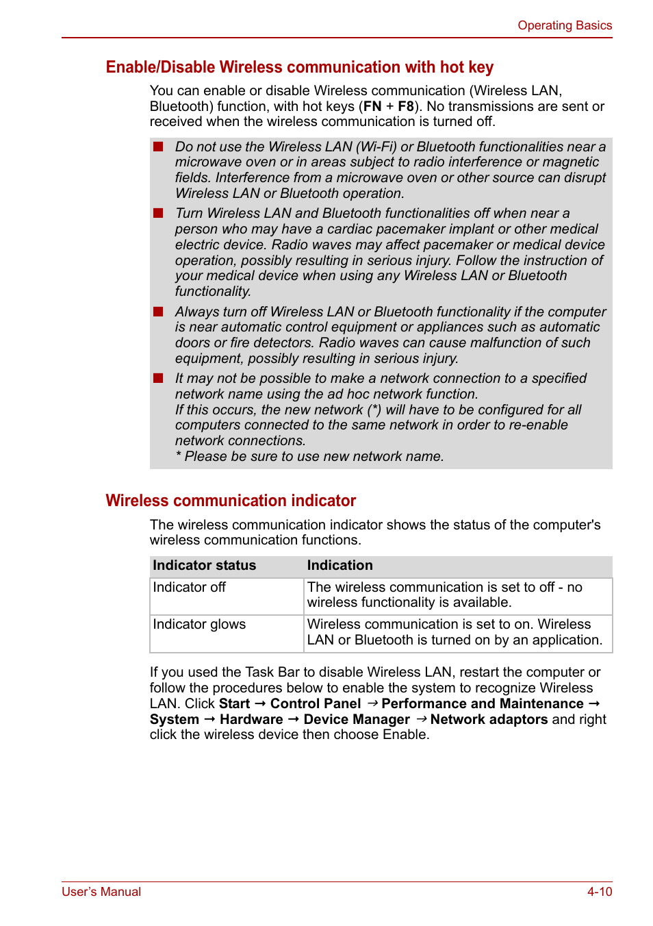 Enable/disable wireless communication with hot key, Wireless communication indicator | Toshiba NB305 User Manual | Page 58 / 143