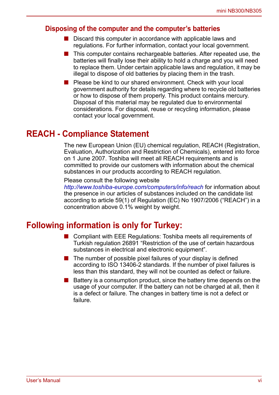 Reach - compliance statement, Following information is only for turkey | Toshiba NB305 User Manual | Page 6 / 143