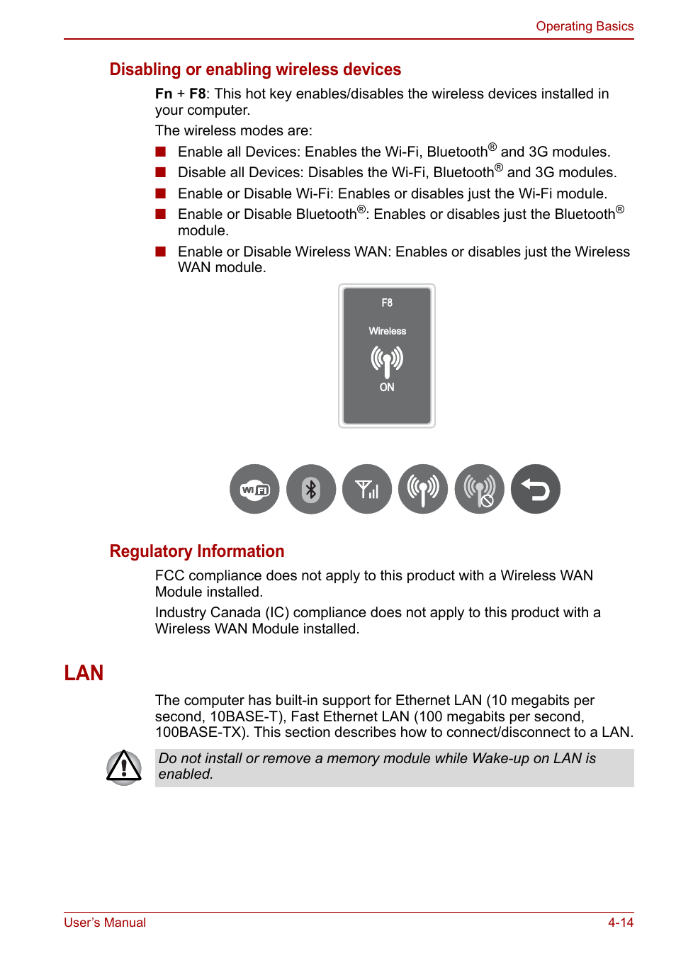 Lan -14, Disabling or enabling wireless devices, Regulatory information | Toshiba NB305 User Manual | Page 62 / 143