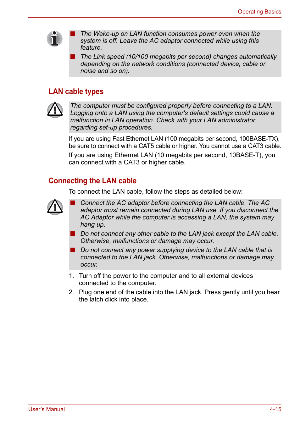 Lan cable types, Connecting the lan cable | Toshiba NB305 User Manual | Page 63 / 143