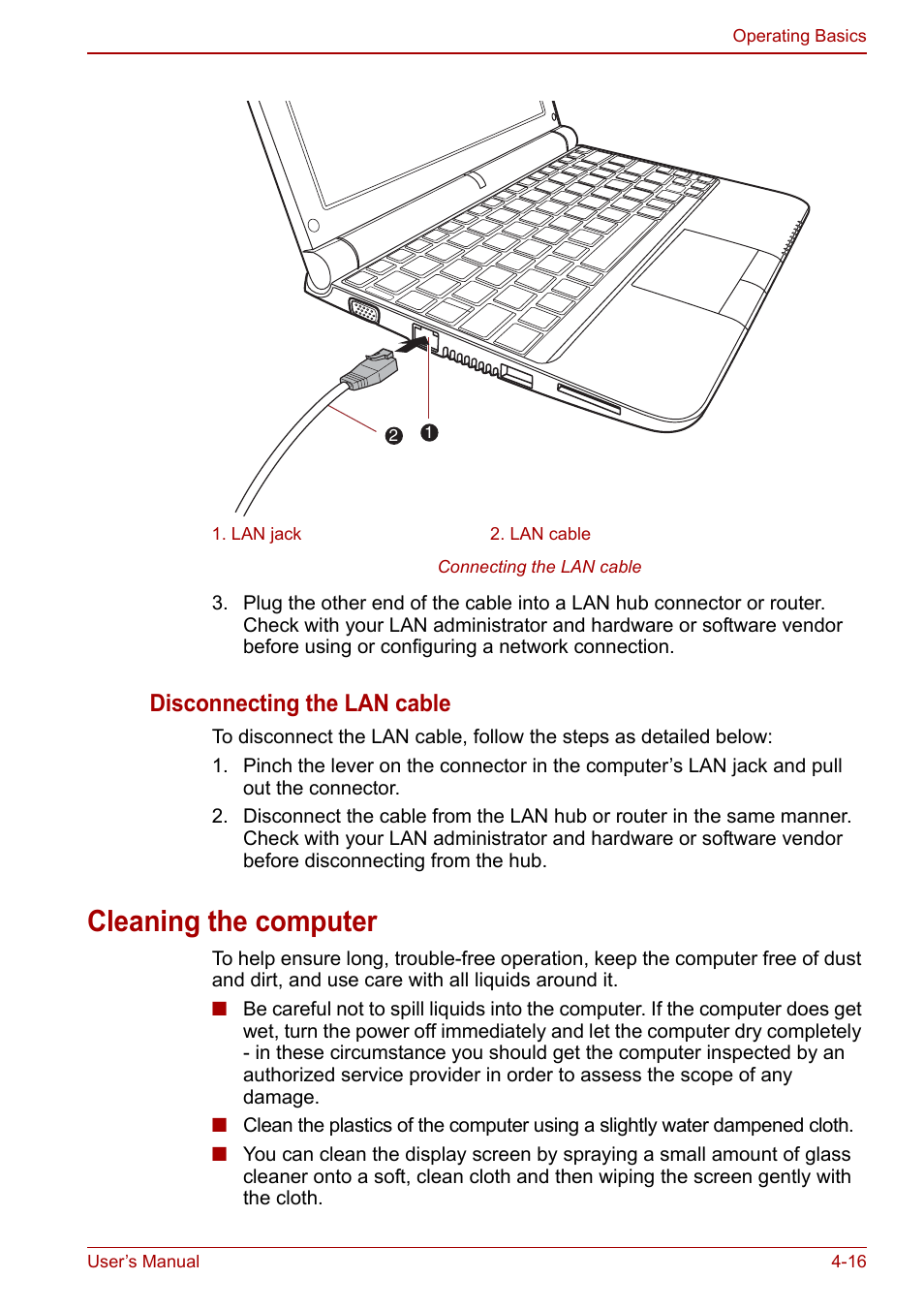 Cleaning the computer, Cleaning the computer -16, Disconnecting the lan cable | Toshiba NB305 User Manual | Page 64 / 143