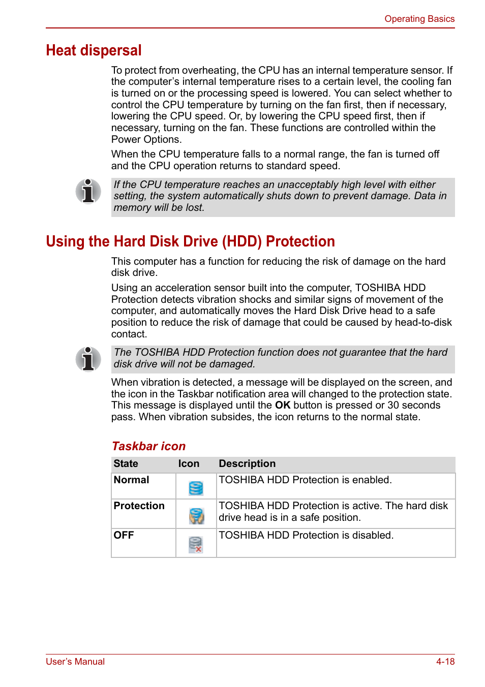 Heat dispersal, Using the hard disk drive (hdd) protection, Using the | Hard disk drive (hdd) protection, Section | Toshiba NB305 User Manual | Page 66 / 143