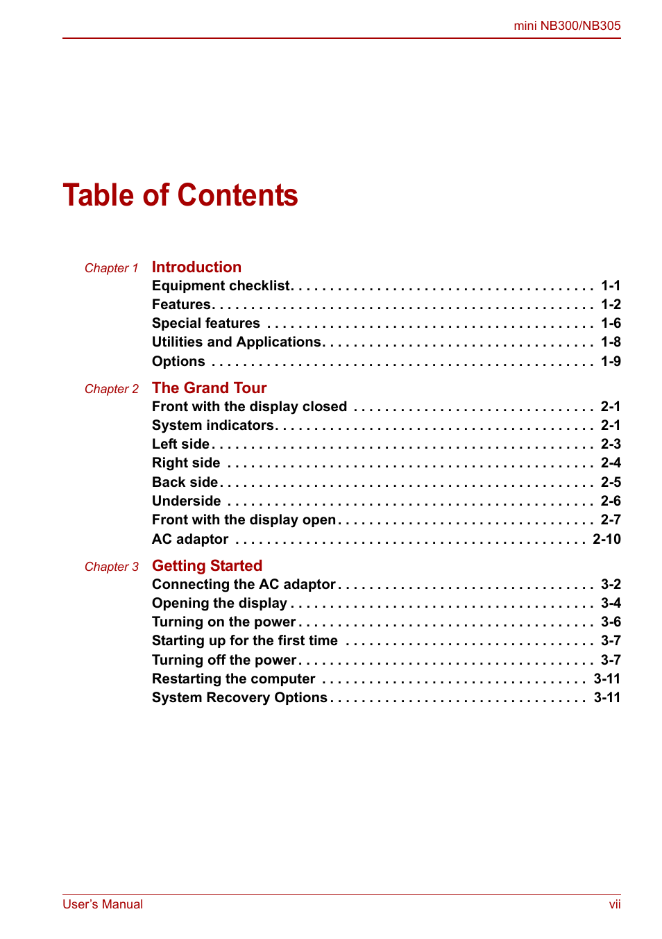Toshiba NB305 User Manual | Page 7 / 143