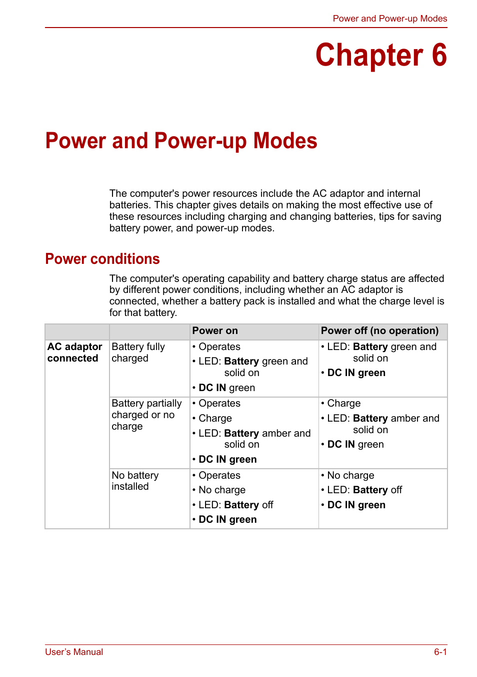 Chapter 6: power and power-up modes, Power conditions, Chapter 6 | Power and power-up modes, Power conditions -1, Power, And power-up modes | Toshiba NB305 User Manual | Page 76 / 143