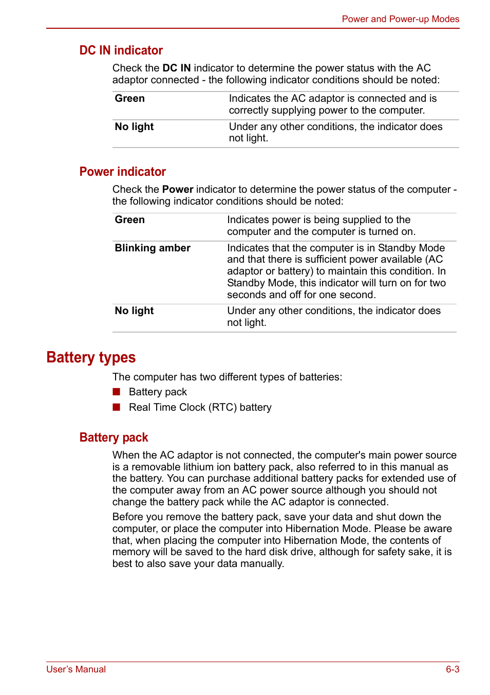 Battery types, Battery types -3, Dc in indicator | Power indicator, Battery pack | Toshiba NB305 User Manual | Page 78 / 143