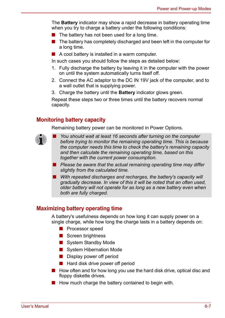 Monitoring battery capacity, Maximizing battery operating time | Toshiba NB305 User Manual | Page 82 / 143
