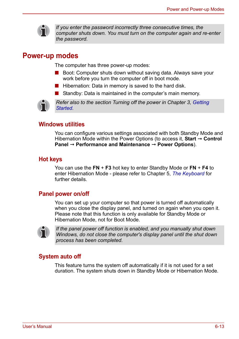 Power-up modes, Power-up modes -13, Windows utilities | Hot keys, Panel power on/off, System auto off | Toshiba NB305 User Manual | Page 88 / 143
