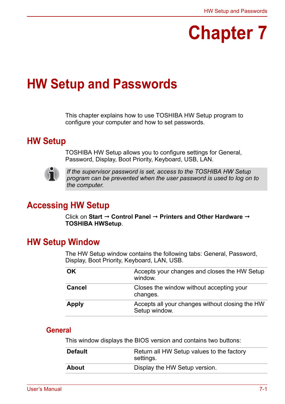 Chapter 7: hw setup and passwords, Hw setup, Accessing hw setup | Hw setup window, Chapter 7, Hw setup and passwords, Hw setup and, Passwords, If you are goi | Toshiba NB305 User Manual | Page 89 / 143