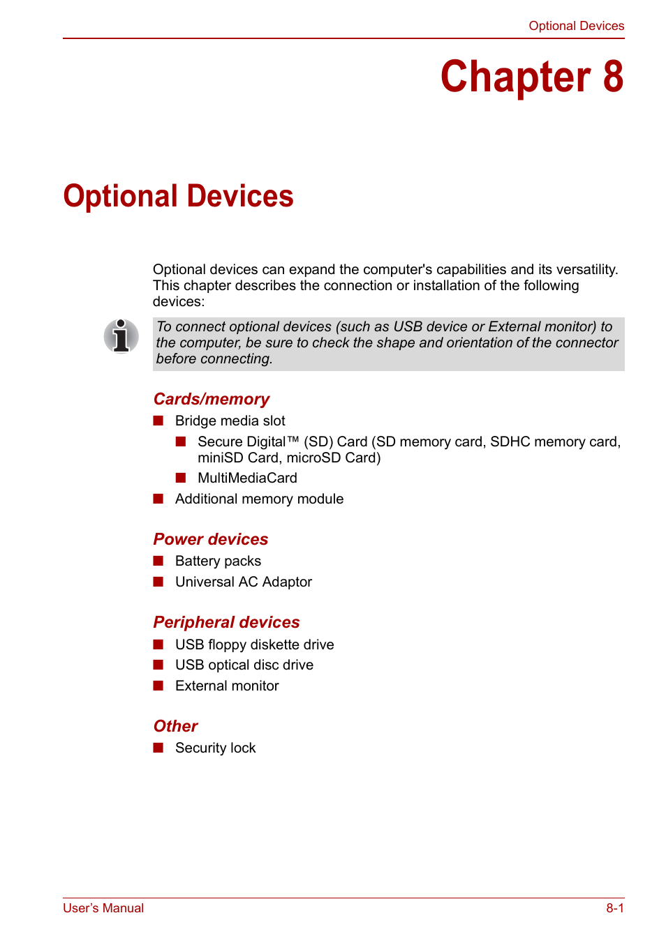 Chapter 8: optional devices, Chapter 8, Optional devices | Ter 8 | Toshiba NB305 User Manual | Page 93 / 143