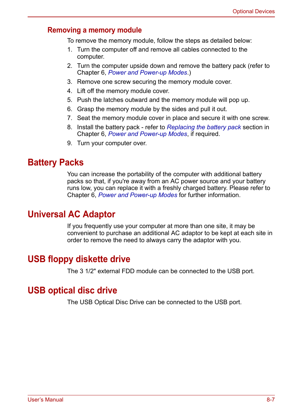 Battery packs, Universal ac adaptor, Usb floppy diskette drive | Usb optical disc drive | Toshiba NB305 User Manual | Page 99 / 143