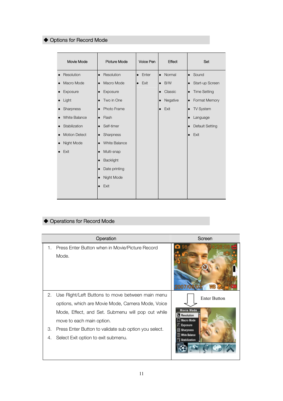 Options for record mode, Operations for record mode, Enter button | Toshiba Camileo Pro User Manual | Page 12 / 66