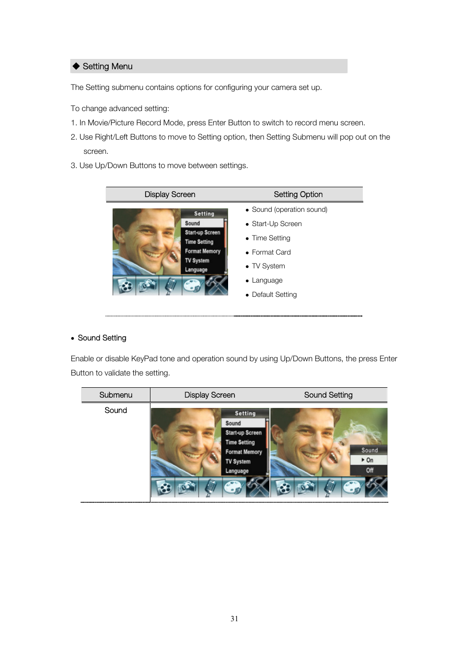 Setting menu | Toshiba Camileo Pro User Manual | Page 32 / 66