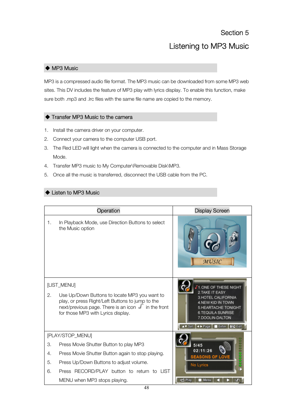 Listening to mp3 music | Toshiba Camileo Pro User Manual | Page 49 / 66