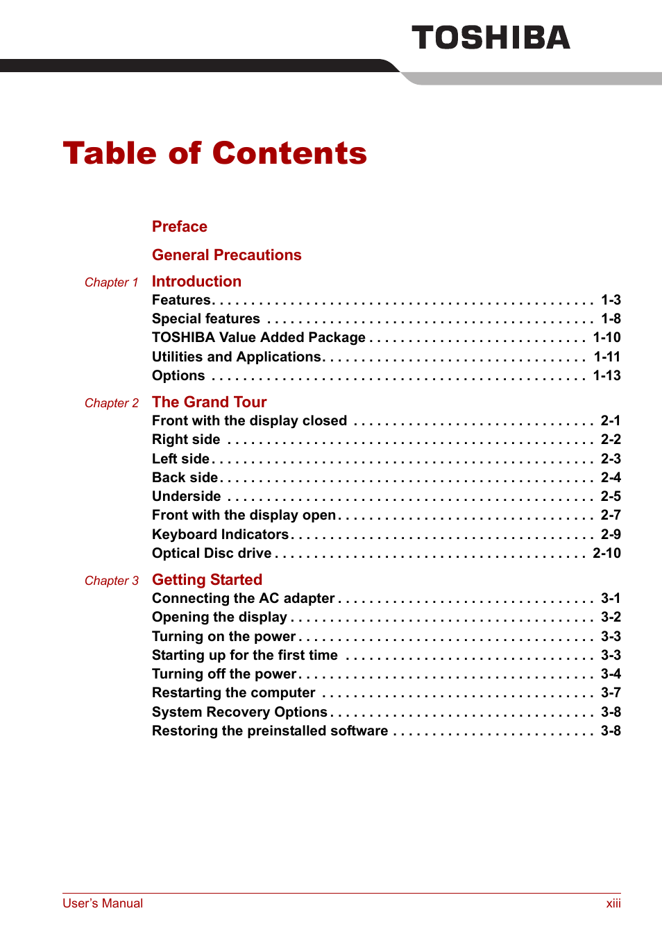 Toshiba Satellite P100 (PSPAD) User Manual | Page 13 / 170