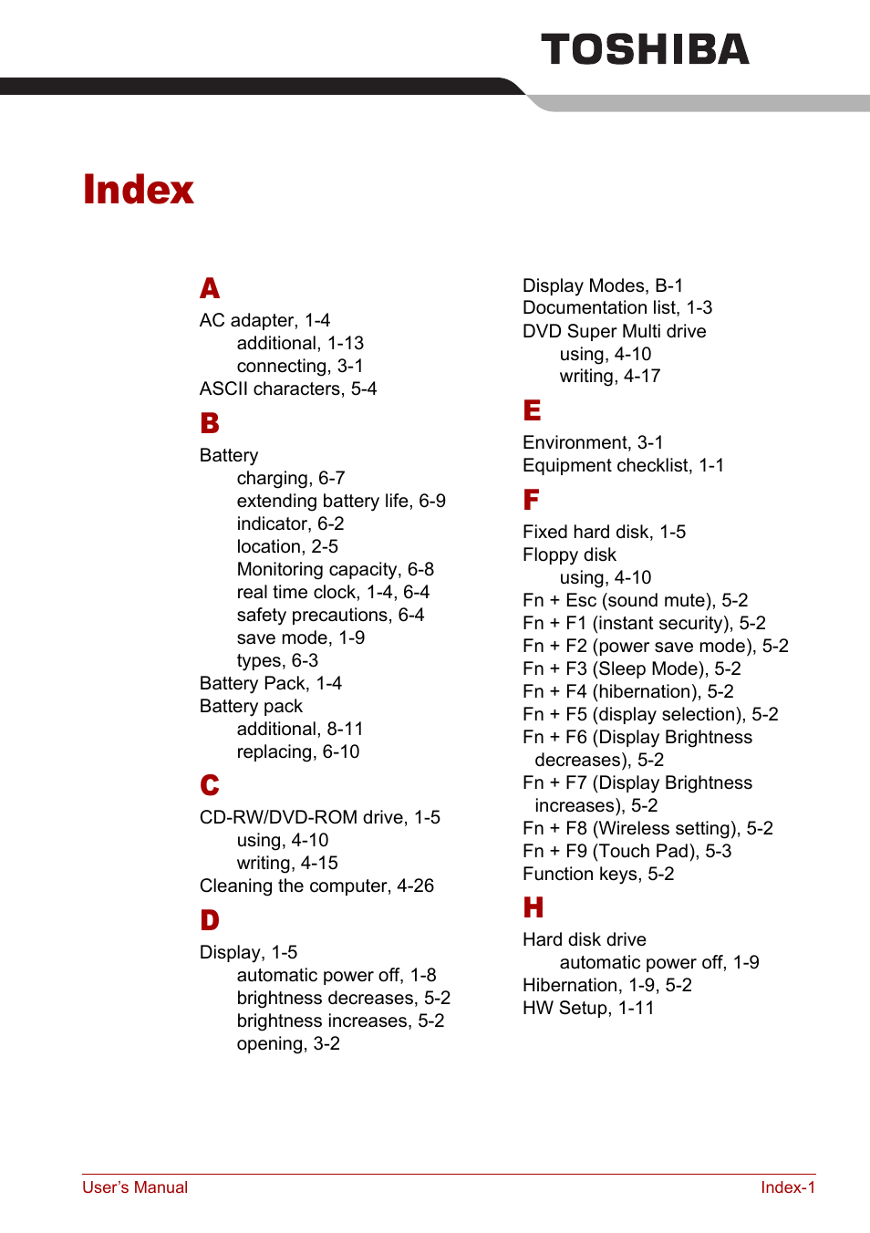 Index | Toshiba Satellite P100 (PSPAD) User Manual | Page 167 / 170