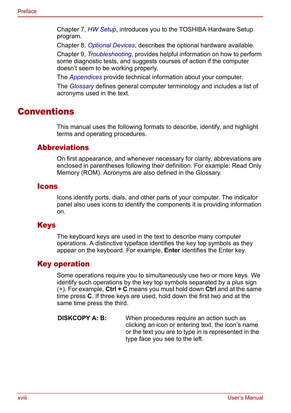 Conventions, Abbreviations, Icons | Keys, Key operation | Toshiba Satellite P100 (PSPAD) User Manual | Page 18 / 170