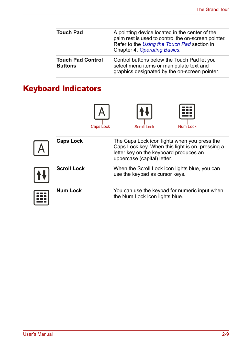 Keyboard indicators, Keyboard indicators -9 | Toshiba Satellite P100 (PSPAD) User Manual | Page 45 / 170