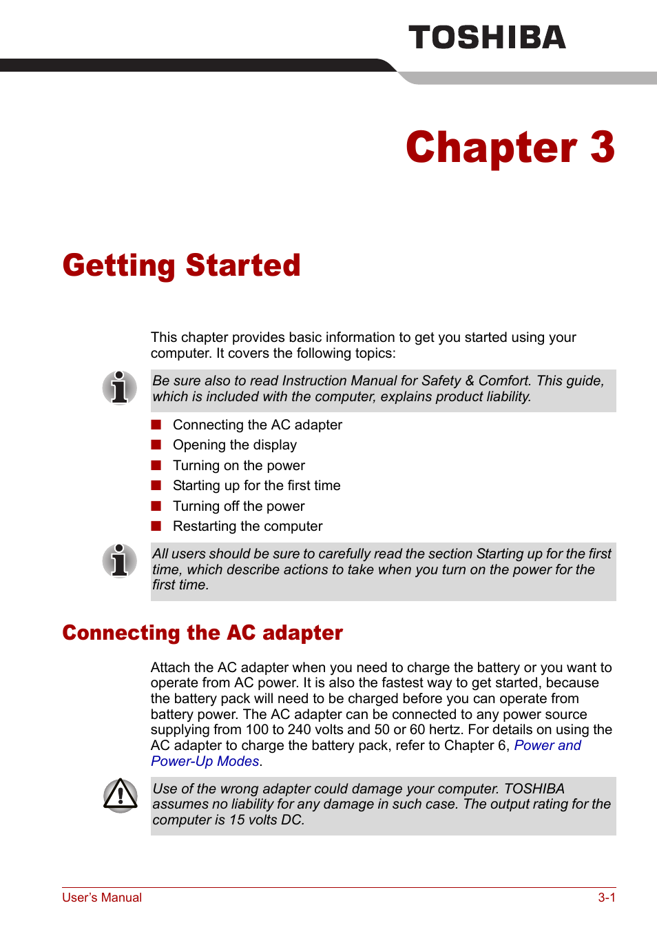 Chapter 3 - getting started, Connecting the ac adapter, Chapter 3 | Getting started, Connecting the ac adapter -1, For det | Toshiba Satellite P100 (PSPAD) User Manual | Page 49 / 170