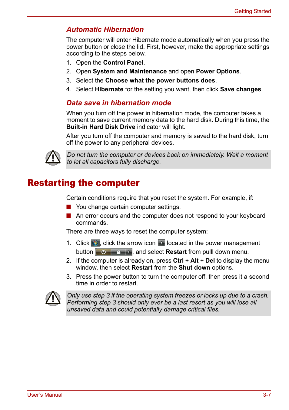 Restarting the computer, Restarting the computer -7 | Toshiba Satellite P100 (PSPAD) User Manual | Page 55 / 170