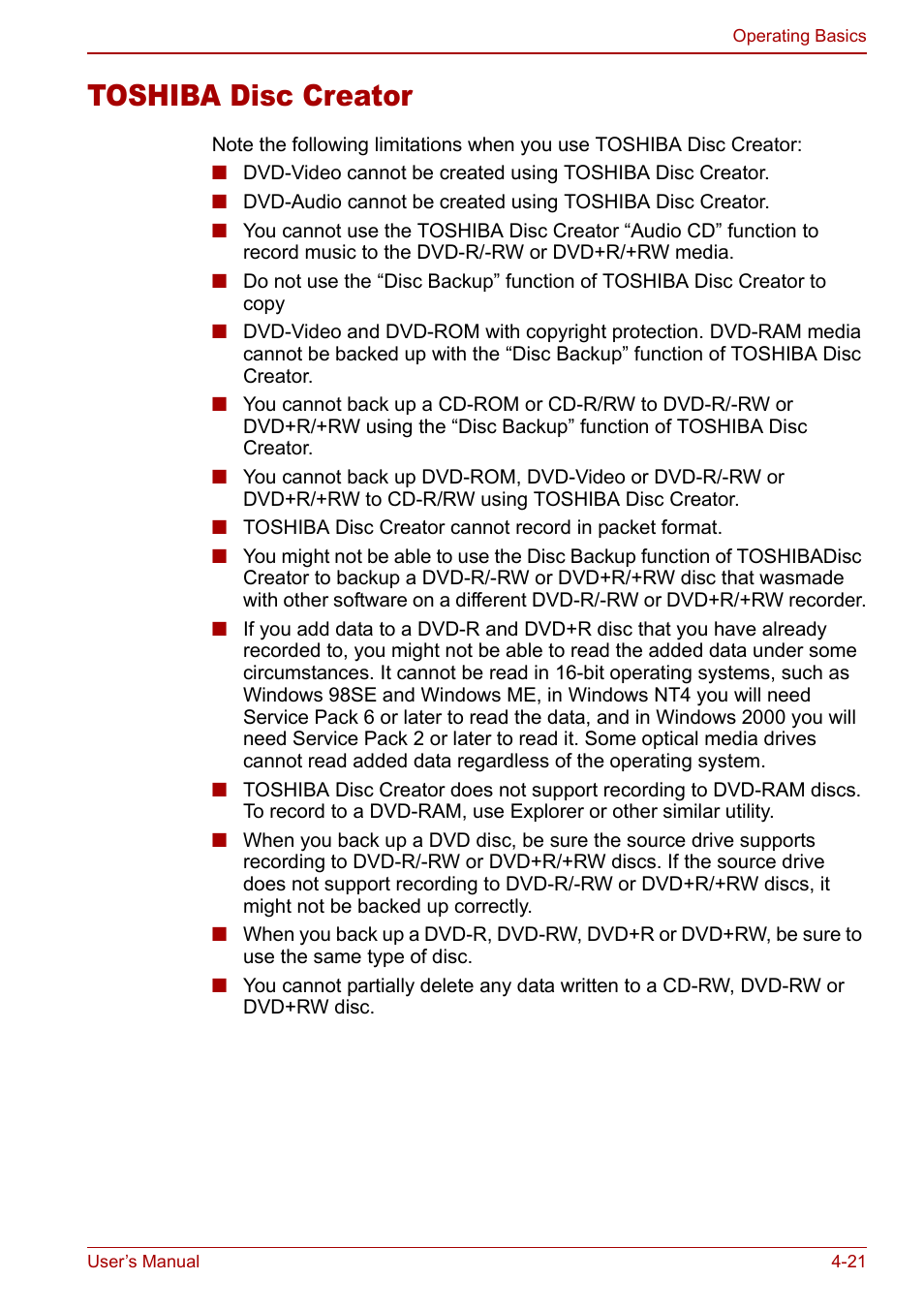 Toshiba disc creator, Toshiba disc creator -21 | Toshiba Satellite P100 (PSPAD) User Manual | Page 77 / 170