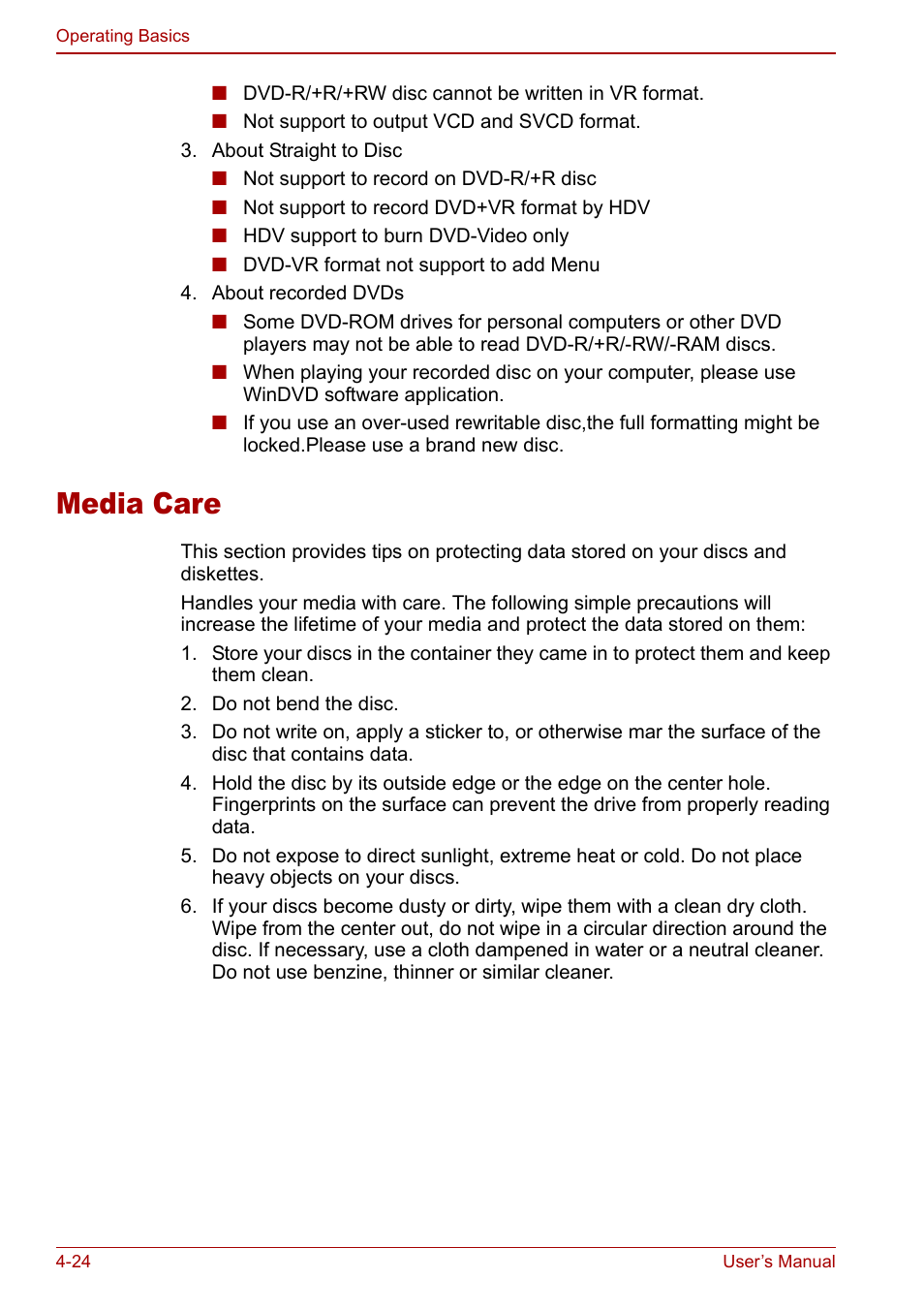 Media care, Media care -24 | Toshiba Satellite P100 (PSPAD) User Manual | Page 80 / 170