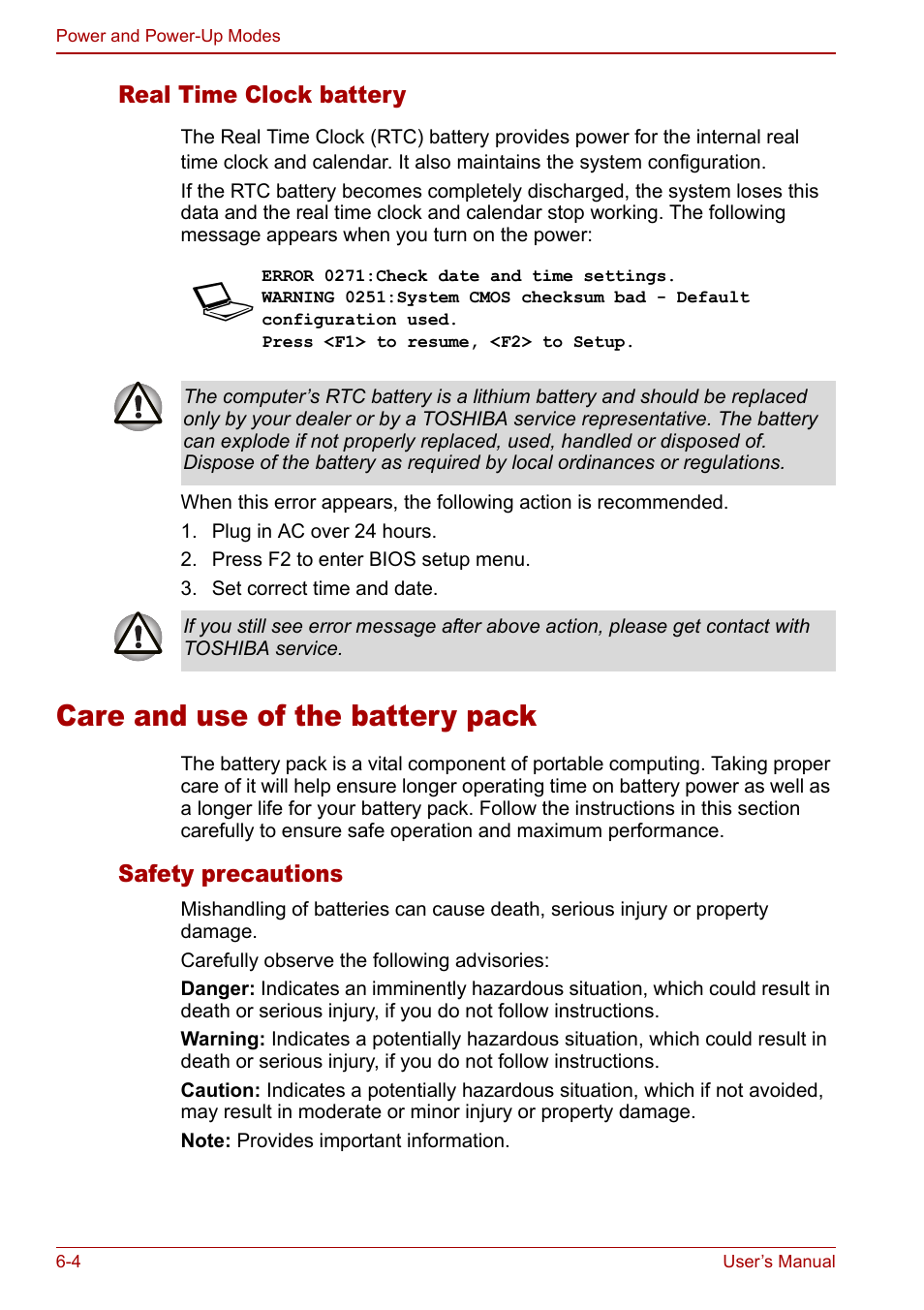 Care and use of the battery pack, Care and use of the battery pack -4, Real time clock battery | Safety precautions | Toshiba Satellite P100 (PSPAD) User Manual | Page 90 / 170