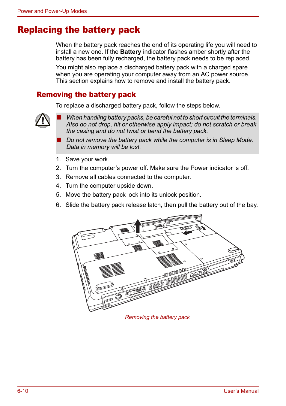 Replacing the battery pack, Replacing the battery pack -10, Removing the battery pack | Toshiba Satellite P100 (PSPAD) User Manual | Page 96 / 170