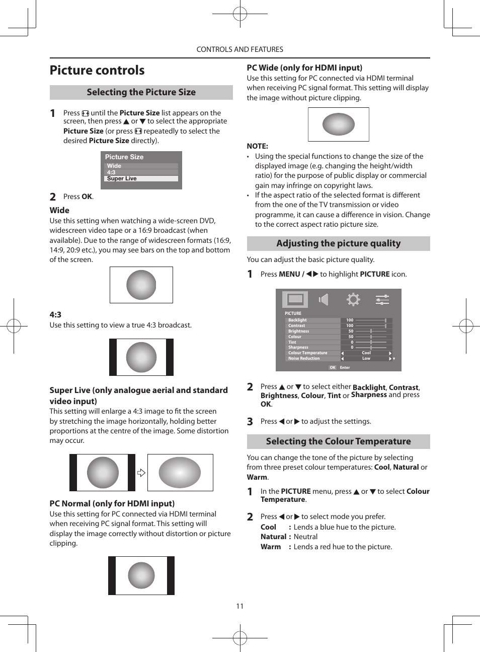 Picture controls, Selecting the picture size, Adjusting the picture quality | Selecting the colour temperature | Toshiba HV10 User Manual | Page 11 / 16