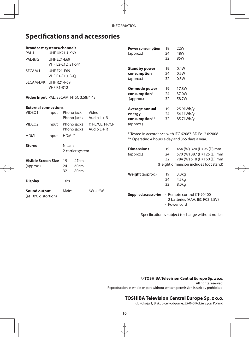 Specifi cations and accessories, Toshiba television central europe sp. z o.o | Toshiba HV10 User Manual | Page 16 / 16